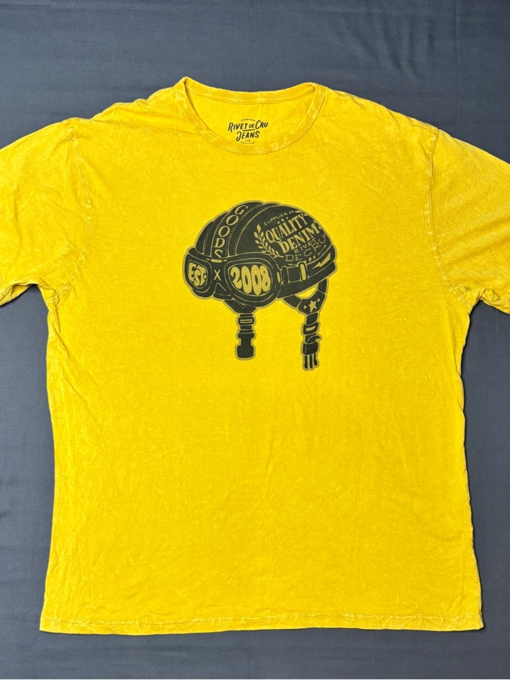 Rivet De Cru Yellow Graphic Motorcycle Helmet Crewneck T-Shirt XXXL NWOT